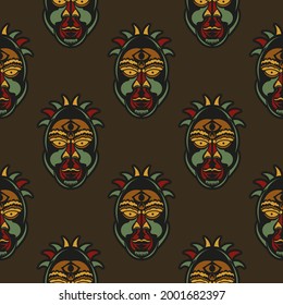 Seamless pattern with masks of the gods in the colors of the baroque style. Good for murals, textiles, postcards and prints. Vector illustration.