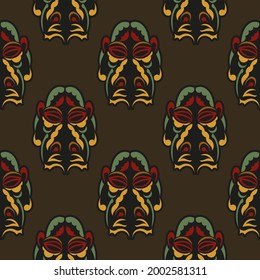 Seamless pattern with masks of the gods in the colors of the baroque style. Good for menus, postcards, wallpaper and fabric. Vector illustration.
