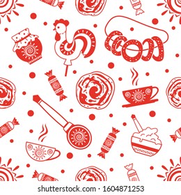 Seamless pattern "Maslenitsa". Images of the symbols of the holiday-pancakes, tea, Lollipop, cock, candy. Vector image on a white background.