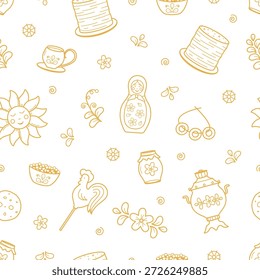 Seamless pattern Maslenitsa traditional holiday marking the end of winter. Vector doodle illustration wallpaper. Background Shrovetide.