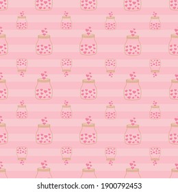 Seamless Pattern with Mason Jar of Hearts on Stripes. Perfect for Valentines Day Theme Projects.