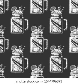 Seamless pattern with mason jar in vintage engraved style. On black background.