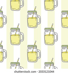 Seamless pattern with mason jar. Yellow summer lemonade. Endless pattern can be used for wallpapers, surface textures.