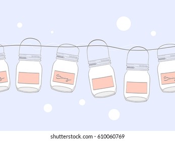 Seamless pattern with mason jars hanging on a spring blue background