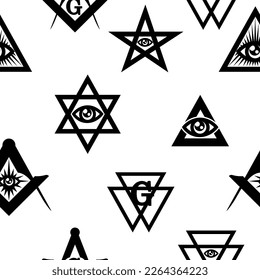 Seamless pattern with Masonic symbols. Black and white simple geometric background. Stylized eyes, magic compass, star and pyramid