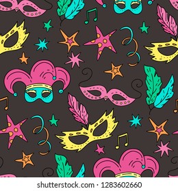 Seamless pattern with masquerade symbols. Mardi gras party vector illustration. Carnival card with doodle illustrations.