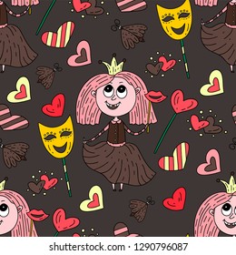 Seamless pattern with masquerade symbols. Mardi gras and birthday party vector illustration. Little prinscess. Carnival card with doodle designs.