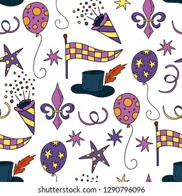 Seamless pattern with masquerade symbols. Mardi gras party vector illustration. Carnival card with doodle illustrations. 