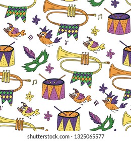 Seamless pattern with masquerade symbols. Mardi gras party vector illustration. Carnival card with doodle illustrations - trumpet, drum, mask and stars. 