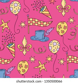 Seamless pattern with masquerade symbols. Mardi gras party vector illustration. Carnival card with doodle illustrations.