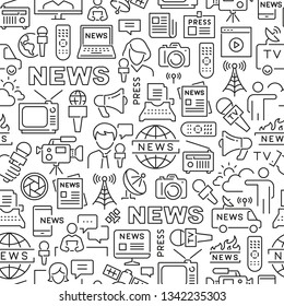 Seamless pattern with mass media. Black and white thin line icons