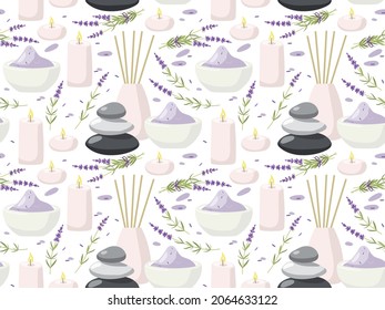 Seamless pattern with massage stones, candle, lavender plant, aroma diffuser, bowl full of bath salt in pastel tones. Wellness, massage, spa print, textile, wrapping paper, wallpaper, cover design