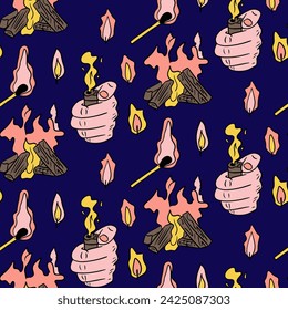 Seamless pattern with match, hand and campfire. Camping lifestyle concept. Flat hand drawn elements and lights. Unique print design for textile, wallpaper, wrapping, background