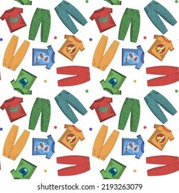 Seamless pattern and match pants and T-shirt by colors game. Blue, blue, green, yellow, etc. Bright colors of clothes with drawings. Suitable for use in paper printing, banners, flyers, discount.
