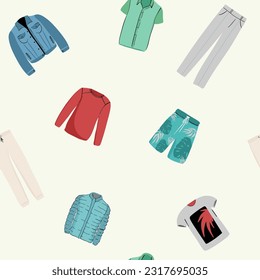 Seamless pattern and match pants and T-shirt by colors game. Blue, blue, green, yellow, etc. Bright colors of clothes with drawings. Suitable for use in paper printing, banners, flyers, discount