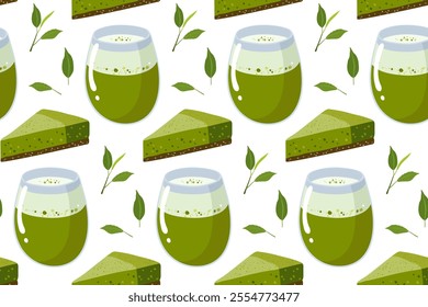 Seamless pattern with Matcha Cheesecake and Matcha Tea. Homemade vegan japanese green tea pastries and drink. Vector flat background, wrapping paper. Baked tart with green tea flavor, Japanese food.