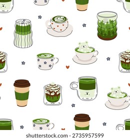 Seamless pattern of Matcha Cups with Latte Art. Cute bears, Flower and Heart foam shapes. Cafe Bar or Coffee House Graphics. Vector Illustration.