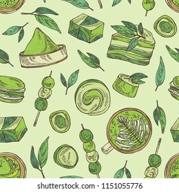 Seamless pattern with matcha green tea confection: macaroons, sweets, biscuits. Vector hand drawn illustration