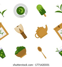 Nahtloses Muster mit matcha-grünem Tee: Matcha, Bambus Matcha Whisk, eine Tasse Matcha und Teekanne. Ingredienz für chinesische und japanische Teezeremonie. Vektorgrafik.