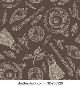 Seamless pattern with matcha green tea : matcha, bamboo matcha whisk, a cup of matcha and teapot. Ingredient for chinese and japanese tea ceremony. Vector hand drawn illustration.