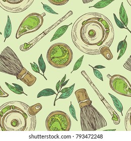 Seamless pattern with matcha green tea : matcha, bamboo matcha whisk, a cup of matcha and teapot. Ingredient for chinese and japanese tea ceremony. Vector hand drawn illustration.