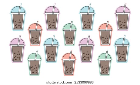 Seamless pattern of matcha milk bubble tea with straw in plastic glass with fruit flavors, boba beverage in colorful cups with floating balls, healthy bubble tea background with tapioca