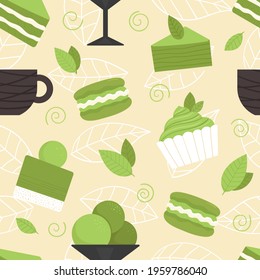 Seamless pattern with matcha tea elements. Traditional Japanese tea ceremony. Healthy lifestyle, harmony. An invigorating drink. Illustration in flat style