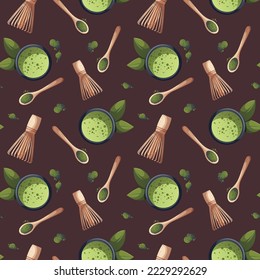 Seamless pattern with Matcha tea. Japanese drink, food, healthy nutrition, menu, beverage concept. Vector illustration.