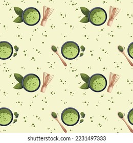 Seamless pattern with Matcha tea. Japanese drink, food, healthy nutrition, menu, beverage concept. Vector illustration.
