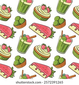 Seamless pattern Matcha tea, , Japanese matcha dessert, matcha cake and strawberry cupcake.Vector