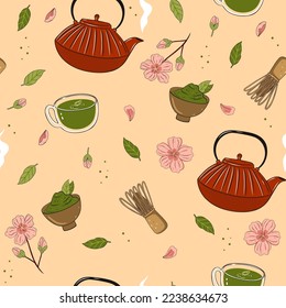 Seamless pattern with matcha tea and sakura flowers. Vector graphics.