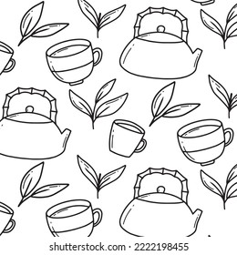 Seamless pattern with matcha. Vector illustration. Pattern with tea, teapot, tea leaves. Doodle style.