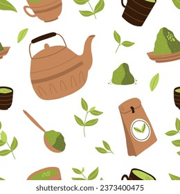 Seamless pattern with matcha. Vector illustration. Pattern with tea, tea leaves. Doodle style.