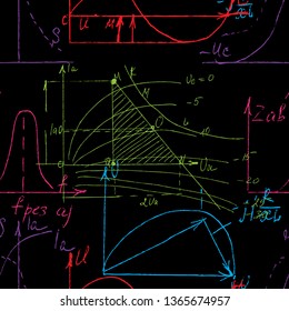 Seamless pattern of Math and Geometry, endless handwriting and drawing of various graph solutions on chalk boards. Mathematics subjects graphics. College lectures. Vector. 