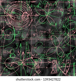 Seamless pattern of Math and Geometry, endless handwriting and drawing of various graph solutions on chalk boards. Mathematics subjects graphics. College lectures. Vector. 