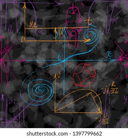 Seamless pattern of Math and Geometry, endless handwriting and drawing of various graph solutions on chalk boards. Mathematics subjects graphics. College lectures. Vector. 