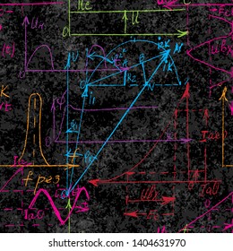 Seamless pattern of Math and Geometry, endless handwriting and drawing of various graph solutions on chalk boards. Mathematics subjects graphics. College lectures. Vector. 