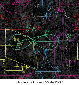 Seamless pattern of Math and Geometry, endless handwriting and drawing of various graph solutions on chalk boards. Mathematics subjects graphics. College lectures. Vector. 