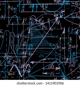 Seamless pattern of Math and Geometry, endless handwriting and drawing of various graph solutions on chalk boards. Mathematics subjects graphics. College lectures. Vector. 