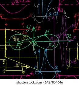 Seamless pattern of Math and Geometry, endless handwriting and drawing of various graph solutions on chalk boards. Mathematics subjects graphics. College lectures. Vector. 