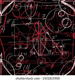 Seamless pattern of Math and Geometry, endless handwriting and drawing of various graph solutions on chalk boards. Mathematics subjects graphics. College lectures. Vector. 