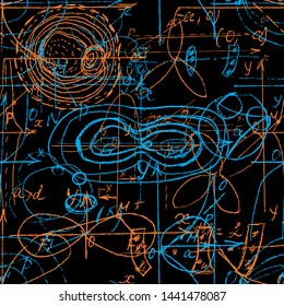 Seamless pattern of Math and Geometry, endless handwriting and drawing of various graph solutions on chalk boards. Mathematics subjects graphics. College lectures. Vector. 