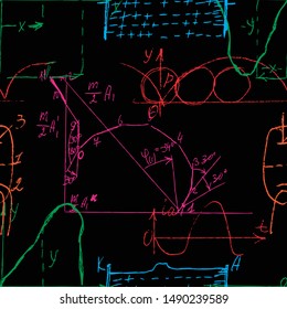 Seamless pattern of Math and Geometry, endless handwriting and drawing of various graph solutions on chalk boards. Mathematics subjects graphics. College lectures. Vector. 