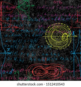Seamless pattern of Math and Geometry, endless handwriting and drawing of various graph solutions on chalk boards. Mathematics subjects graphics. College lectures. Vector. 