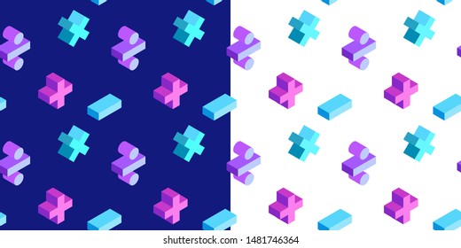 Seamless Pattern With Math Isometric Symbols On White And Dark Blue Background