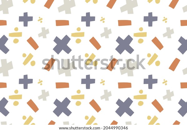 Seamless pattern. Math isometric symbols on\
white background. Plus, minus, multiply and divide. Doodle vector.\
Vector illustration.