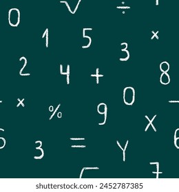 Seamless pattern of math numbers and signs with crayon texture