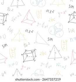 Padrão contínuo de fórmulas matemáticas, formas de geometria, equações e diagramas em cores pastel em fundo transparente.