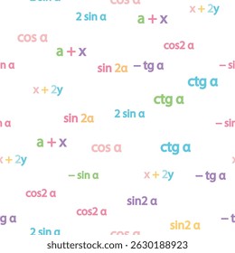 Padrão contínuo com fórmulas matemáticas e números. Álgebra e geometria, cálculos tangente, cotangente, seno, cosseno.