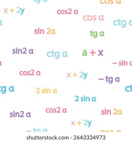 Padrão contínuo com fórmulas matemáticas e números. Álgebra e geometria, cálculos tangente, cotangente, seno, cosseno.